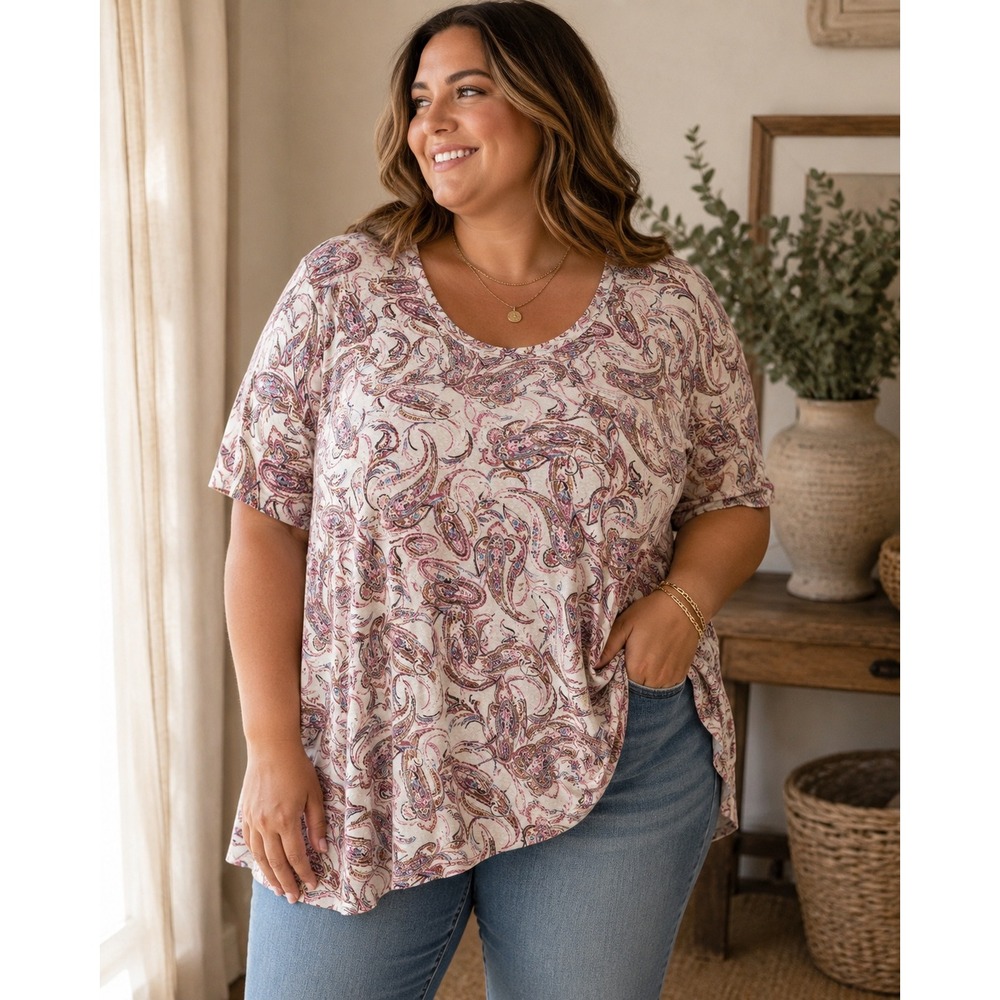 Lane Bryant Paisley Top 18/20 Boho Short Sleeve Pink Blue Cream Stretch
